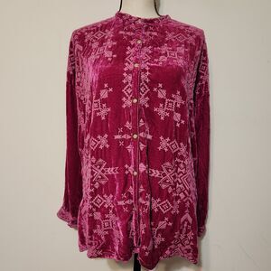 Johnny Was Ellen Hot Pink Velvet Embroidered Pearl Snap Top XS